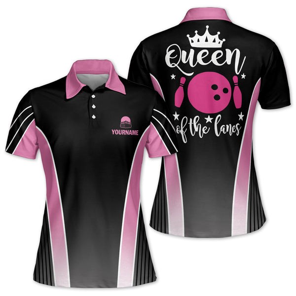 Custom Queen Of The Lanes Bowling Polo Shirt For Women, Custom Black And Pink Women's Bowling Shirt BZ0104