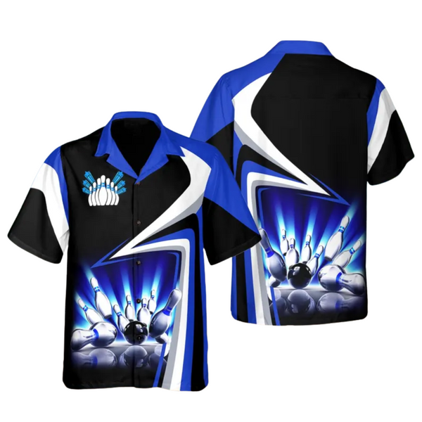 Blue And Black Hawaiian Bowling Shirts For Men, Blue and Black Bowling Shirt BE0063