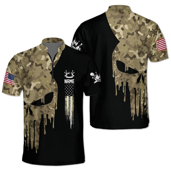 Custom Skull Camouflage Bowling Jersey Shirts For Men, Custom Skull Bowling Shirt BZ0213