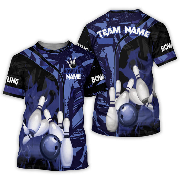 Custom Black And Blue Team Bowling T Shirt For Men, Custom Bowling Shirt BZ0061