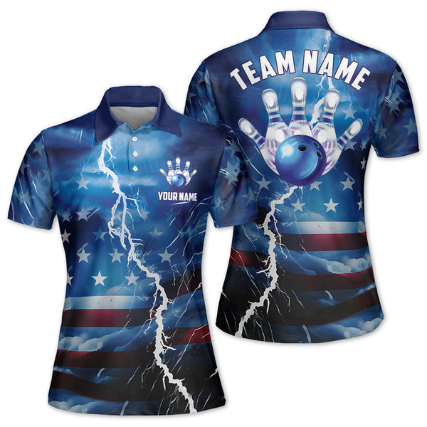 Custom American Flag Bowling Polo Shirt For Women, Custom Women's Patriotic Bowling Team Shirts BW0122