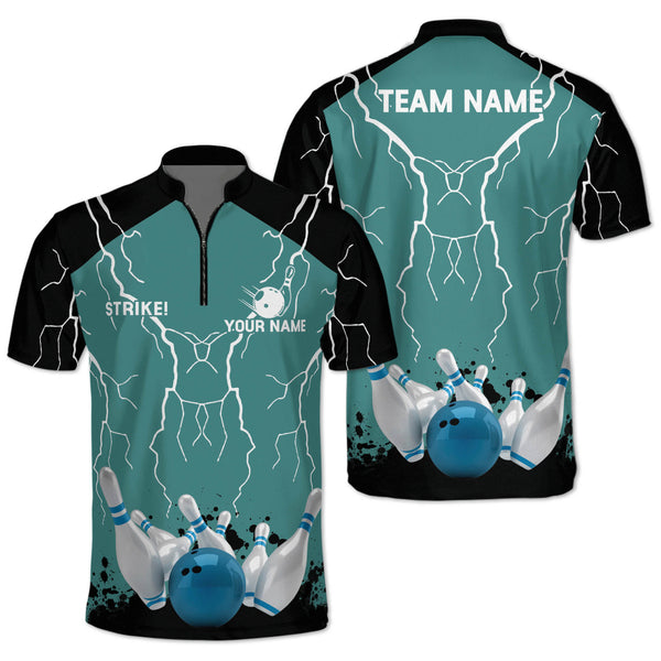 Custom Black And Teal Team Bowling Jerseys Shirt For Men, Custom Team Thunder Bowling Shirt BZ0060