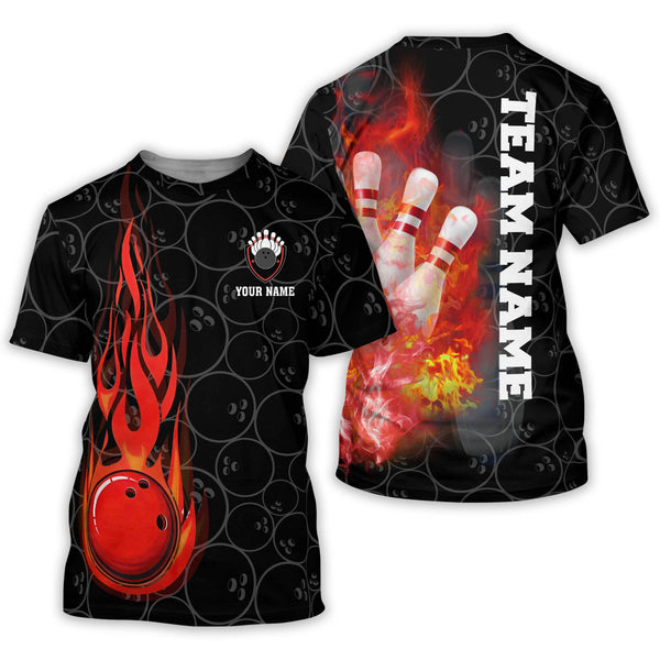 Custom Red Flame Bowling T Shirt For Men, Custom Flame Bowling Team Shirts BZ0134