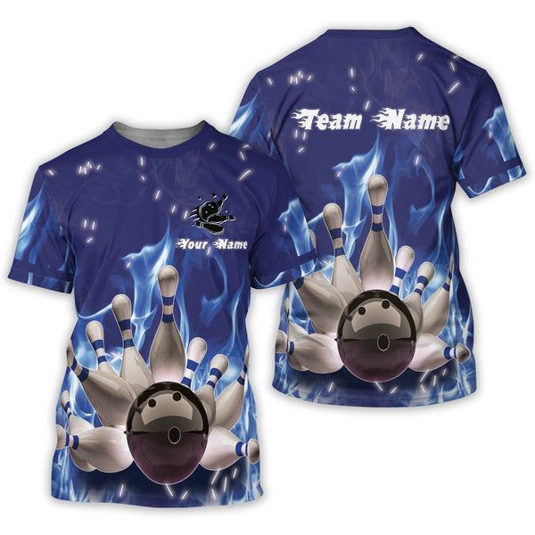 Custom Blue Flame Bowling T Shirt For Men, Custom Flame Bowling Team Shirts BZ0137