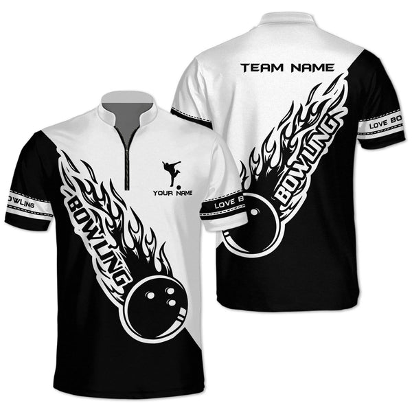 Custom Black And White Flame Ball Bowling Jersey Shirt For Men, Custom Bowling Team Shirts BZ0083