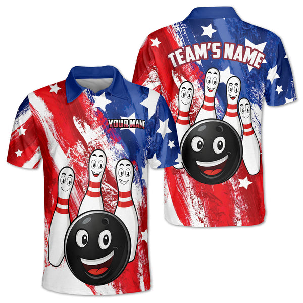 Custom Funny Patriotic Bowling Polo Shirts For Men, Custom Funny 4th Of July Bowling Team Shirts BM0327