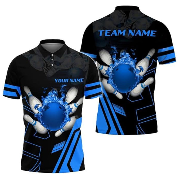 Custom Blue Flame Ball Bowling Polo Shirt For Men, Custom Bowling Team Shirts BZ0187