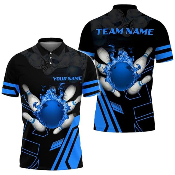 Custom Blue Flame Ball Bowling Polo Shirt For Men, Custom Bowling Team Shirts BZ0187