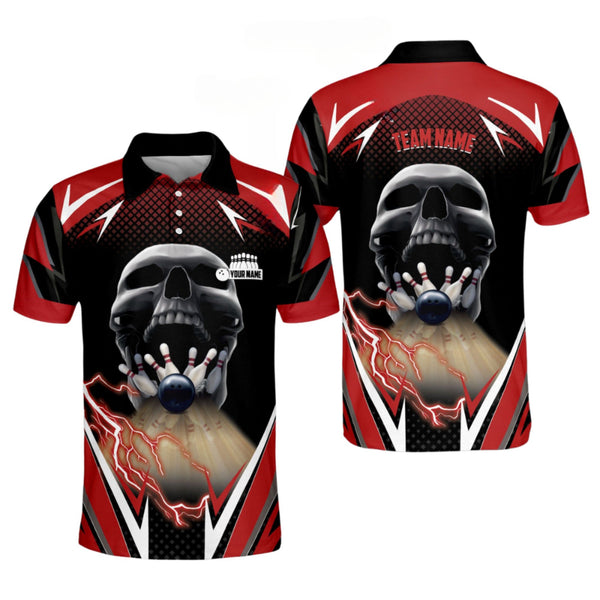 Custom Skull Bowling Polo Shirt For Men, Custom Team Black And Red Skull Bowling Shirt BM0292