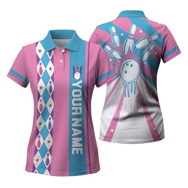 Custom Vintage Pink Bowling Polo Shirts For Women, Custom Women's Vintage Bowling Shirts  BZ0255