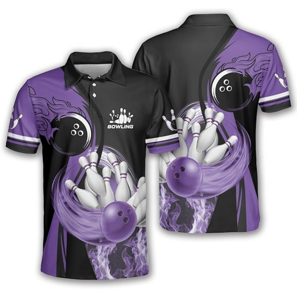 Custom Purple Flame Bowling Polo Shirt For Men, Custom Flame Bowling Shirt BZ0008