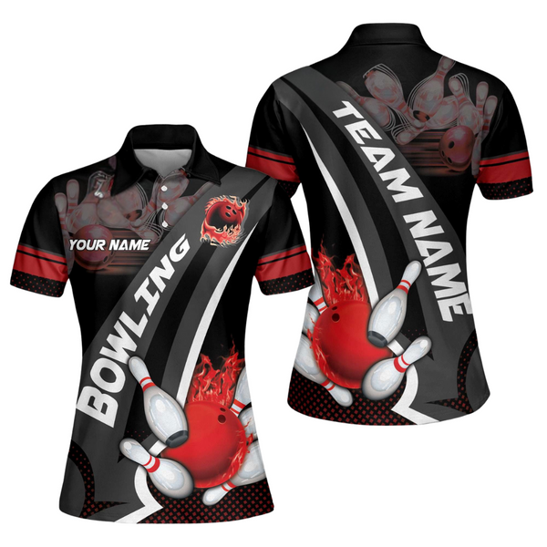 Custom Bowling Shirts Womens, Custom Red Flame Ball Bowling Polo Shirt For Women, Custom Women Bowling Team Shirts BW0134