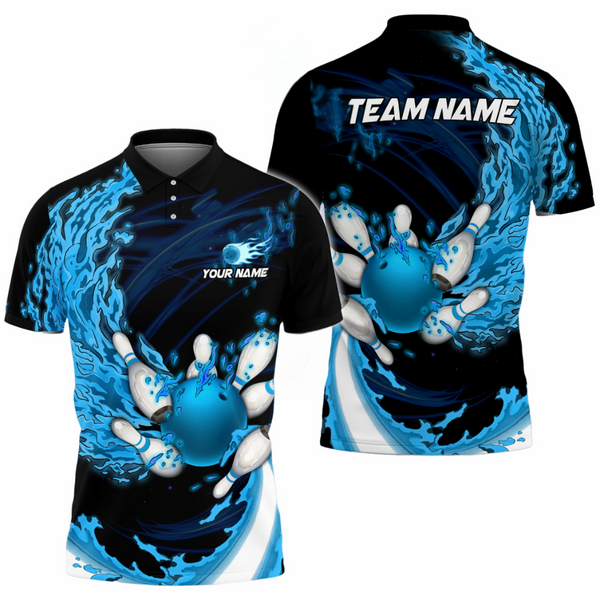Custom Blue Flame Bowling Polo Shirts For Men, Custom Team Bowling Shirt BO0340