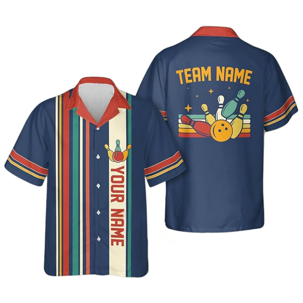 Custom Retro Bowling Hawaiian Shirt For Men, Custom Retro Blue Bowling Team Shirt HB0169