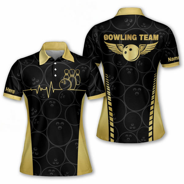 Custom Womens Bowling Shirt, Custom Women Bowling Team Shirts, Custom Team Black And Gold Bowling Polo Shirt For Women BW0124