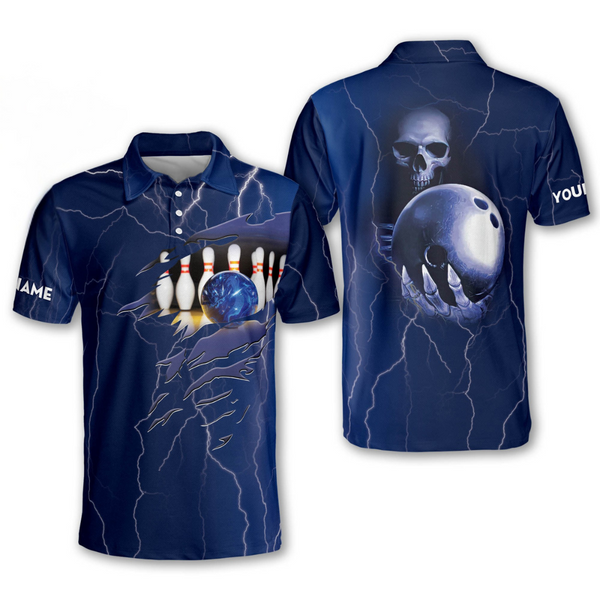 Custom Skull Bowling Polo Shirt For Men, Custom Skull Blue Bowling Shirt BM0295
