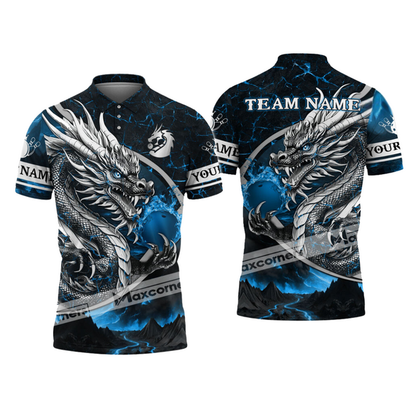 Custom Dragon Bowling Polo Shirt For Men, Custom Dragon Blue Flame Bowling Team Shirt BO0398