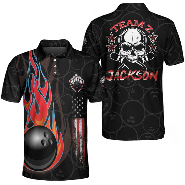 Custom Skull Bowling Polo Shirt For Men, Custom Team Red Flame Skull Bowling Shirt BO0315
