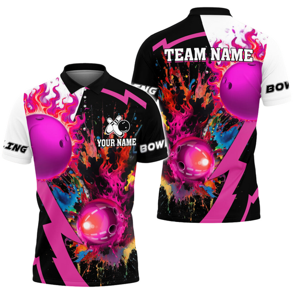 Custom Pink Flame Bowling Polo Shirt For Men, Custom Flame Tie Dye Bowling Team Shirt SO1093