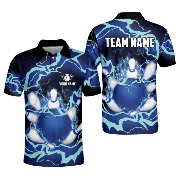 Custom Blue Flame Bowling Polo Shirt For Men, Custom Team Flame Bowling Shirt BO0359