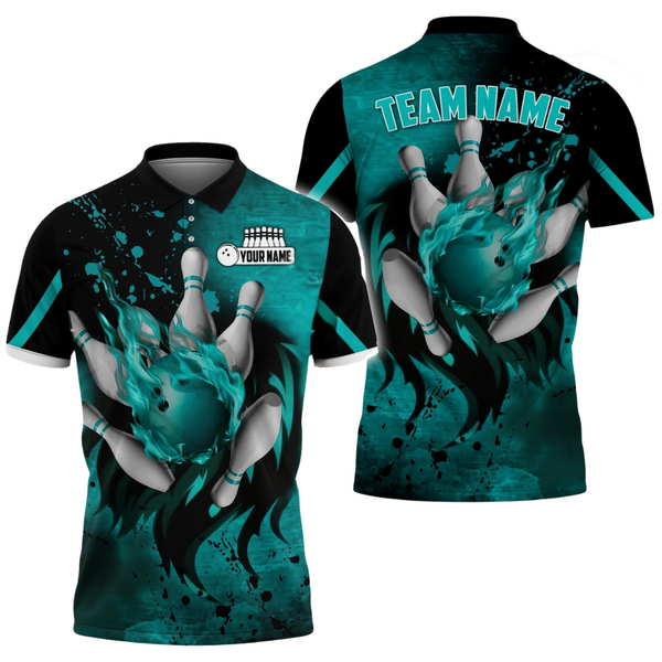 Custom Teal Flame Ball Bowling Polo Shirt For Men, Custom Team Flame Bowling Shirt BO0338