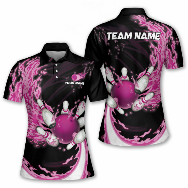 Custom Pink Flame Bowling Polo Shirt For Women, Custom Womens Bowling Team Shirts BW0139