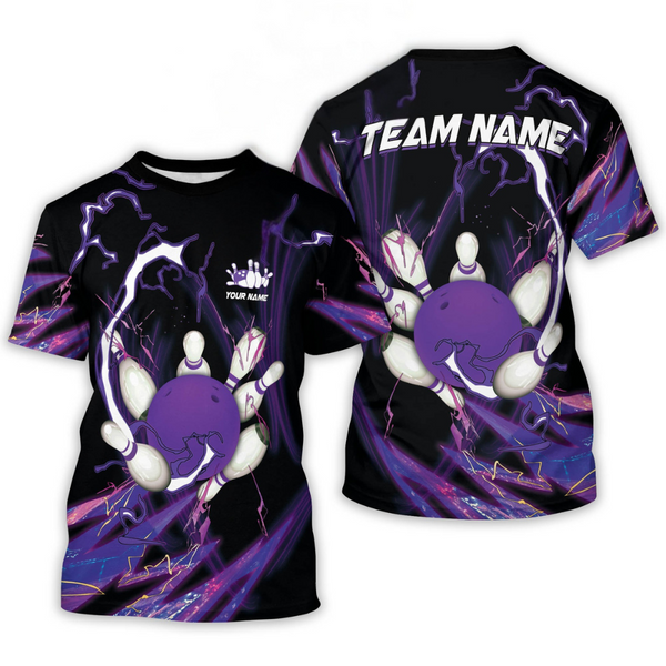 Custom Team Black And Purple Bowling T Shirt For Men, Custom Bowling Shirt BT0015