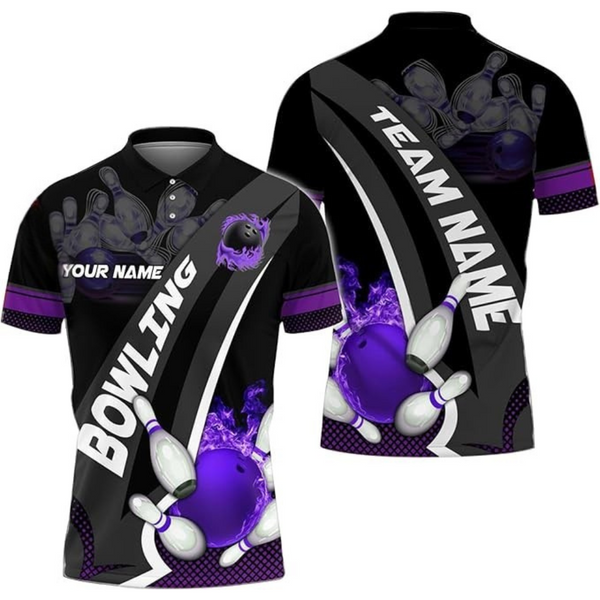 Custom Purple Flame Ball Bowling Polo Shirt For Men, Custom Bowling Team Shirts BZ0182