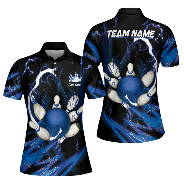 Custom Women Bowling Shirts, Custom Team Black And Blue Ladies Bowling Polo Shirt BW0135
