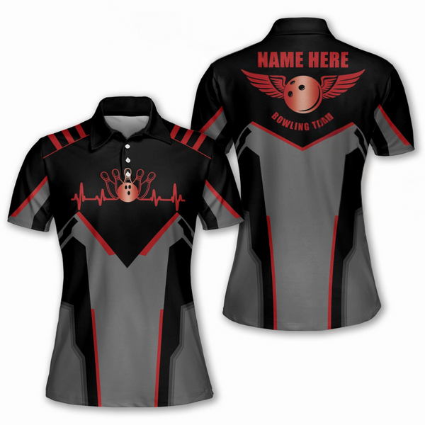 Custom Women Bowling Shirt, Custom Team Black And Red Bowling Polo Shirt For Women BW0127