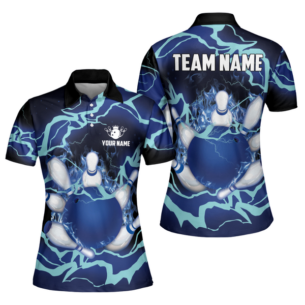 Custom Bowling Shirt For Women, Custom Blue Flame Womens Bowling Polo Shirt, Custom Team Flame Bowling Shirt Women BW0141