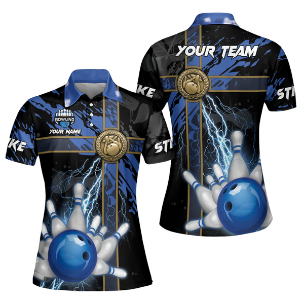 Custom Women Bowling Shirt Thunder, Custom Black And Blue Team Bowling Polo Shirt For Women BW0132