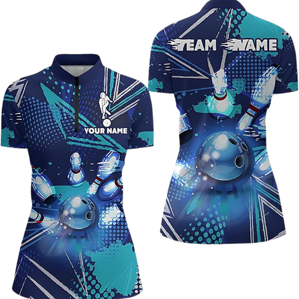 Custom Team Blue Bowling Jerseys Shirts Women, Women's Custom Bowling Team Shirts BZ0252