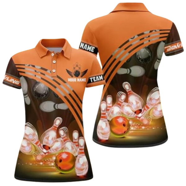 Custom Team Orange Bowling Polo Shirts For Women, Custom Women's Bowling Team Shirts BZ0261