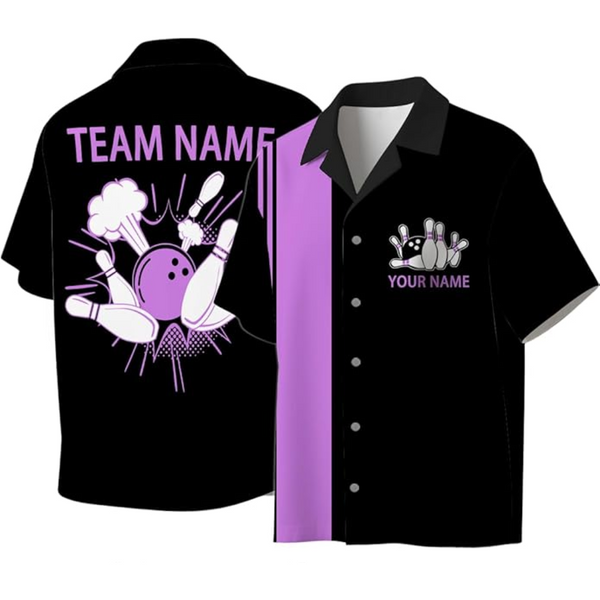 Custom Vintage Mens Purple And Black Bowling Hawaiian Shirts, Custom Bowling Team Shirts BZ0240