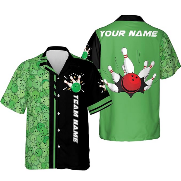 Custom Black And Green Team Bowling Hawaiian Shirt For Men, Custom Bowling Shirt BZ0041