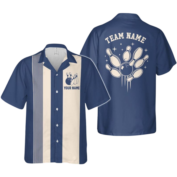 Custom Navy Blue Vintage Hawaiian Bowling Shirts Mens, Custom Vintage Bowling Team Shirts BE0067