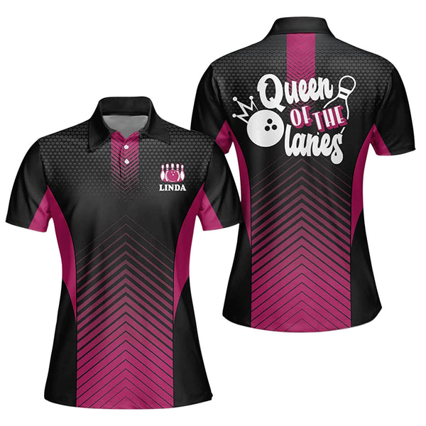 Custom Queen Of The Lanes Bowling Polo Shirt For Women, Custom Pink And Black Funny Bowling Shirt Womens BW0009