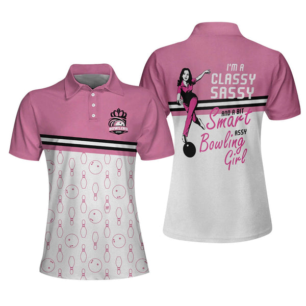 Custom I'm A Classy Sassy And A Bit Smart Assy Bowling Girl Bowling Polo Shirt For Women, Custom Women's White And Pink Funny Bowling Shirt BW0013