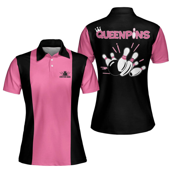 Custom Queen Pins Bowling Polo Shirt For Women, Custom Pink And Black Funny Bowling Shirt Womens BW0050