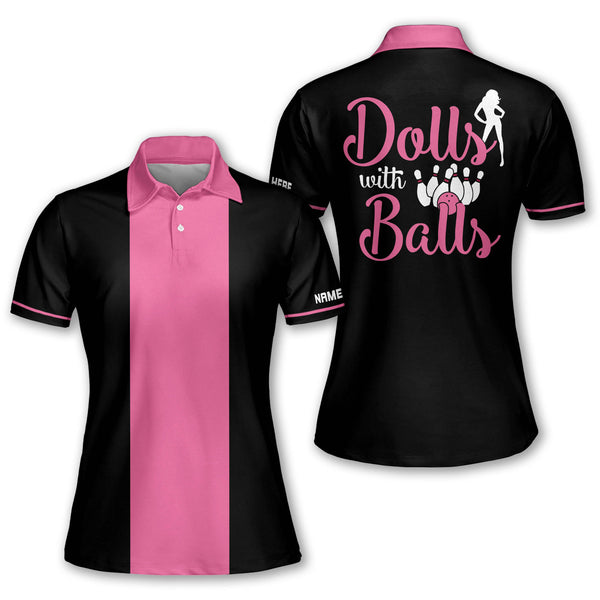 Custom Dolls With Balls Bowling Polo Shirt For Women, Custom Pink And Black Funny Bowling Shirt Womens BW0085