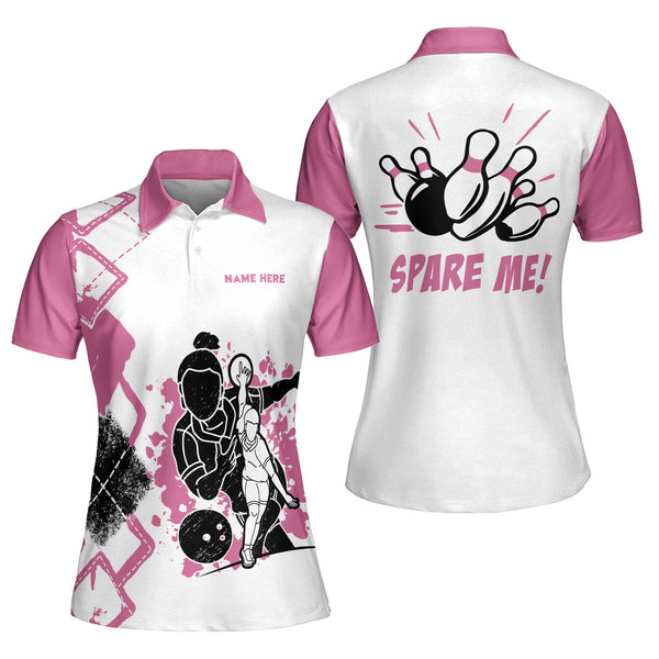 Custom Spare Me Bowling Polo Shirt For Women, Custom Women's White And Pink Funny Bowling Shirt BW0056