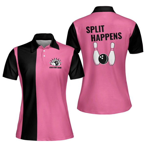 Custom Split Happens Bowling Polo Shirt For Women, Custom Pink And Black Womens Bowling Shirt Funny BW0054