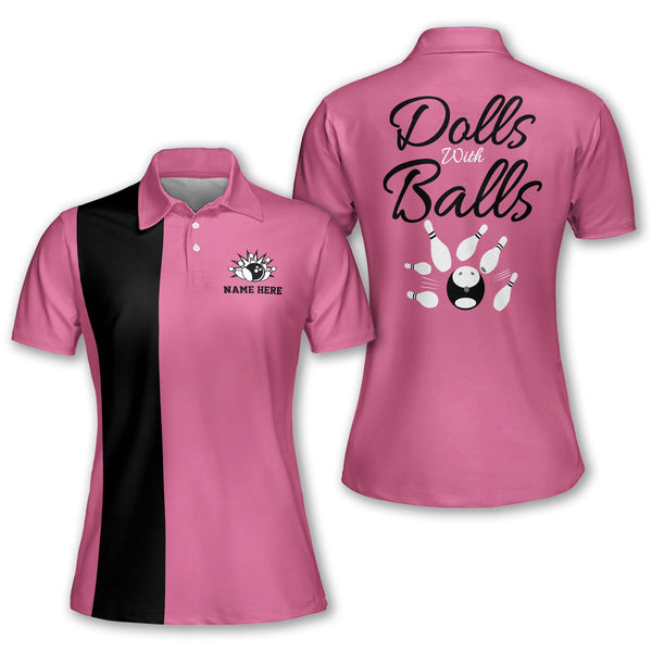 Custom Doll With Balls Bowling Polo Shirt For Women, Custom Funny Pink Bowling Shirt Womens BW0097
