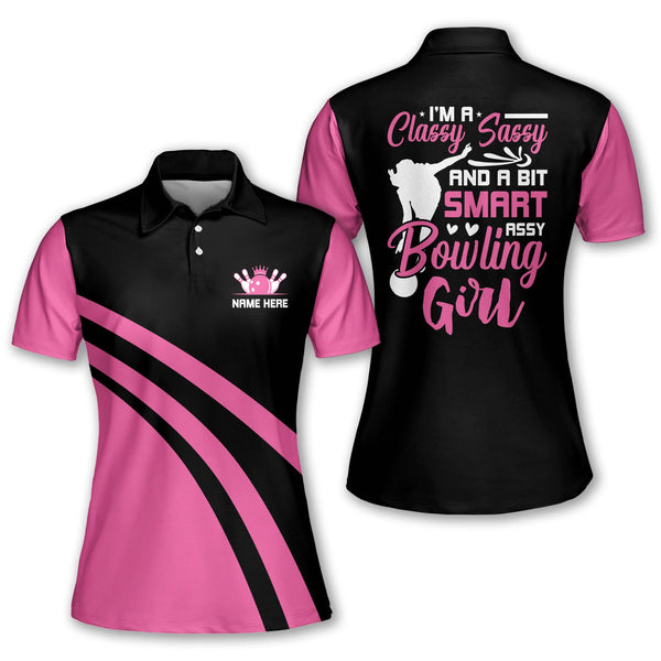 Custom I'm A Classy Sassy And A Bit Smart Assy Bowling Girl Bowling Polo Shirt For Women, Custom Womens Funny Pink And Black Bowling Shirt BW0110