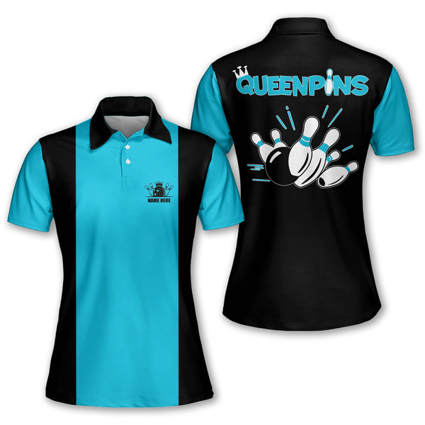 Custom Queen Pins Bowling Polo Shirt For Women, Custom Womens Black And Blue Funny Bowling Shirt BW0086