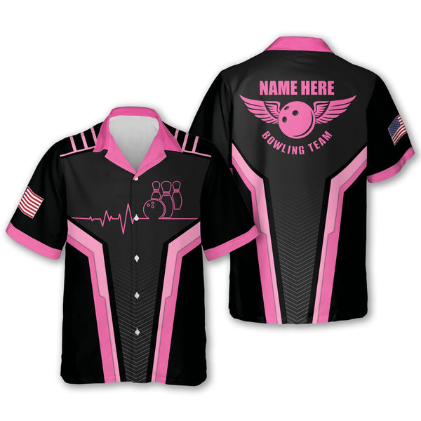Custom Women's Bowling Shirt, Custom Team Black And Pink Bowling Hawaiian Shirt For Women HW0178