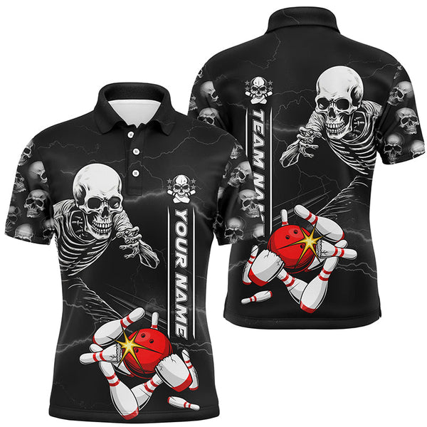 Custom Skull Bowling Polo Shirt For Women, Custom Women Skull Black Bowling Team Shirts BO0381