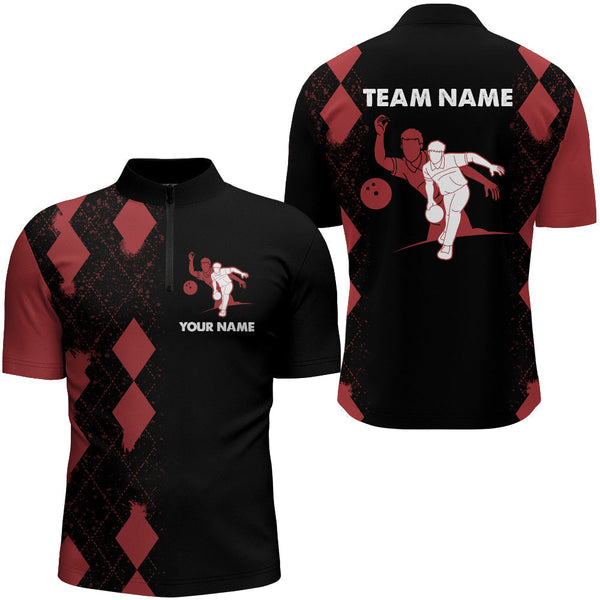Custom Team Red And Black Bowling Jerseys Shirt, Custom Argyle Bowling Team Shirt BO0178
