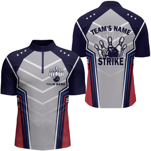 Custom Team Strike Bowling Jerseys For Men, Custom Red White And Blue Bowling Shirts BO0165